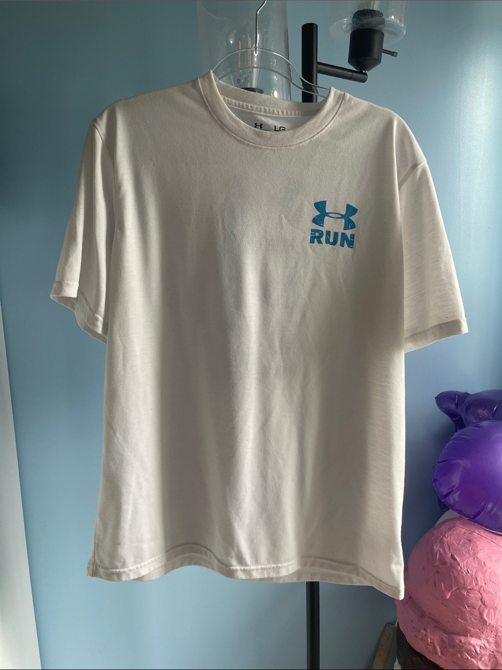 Under Armour White Short Sleeve Tee with Blue Run Logo